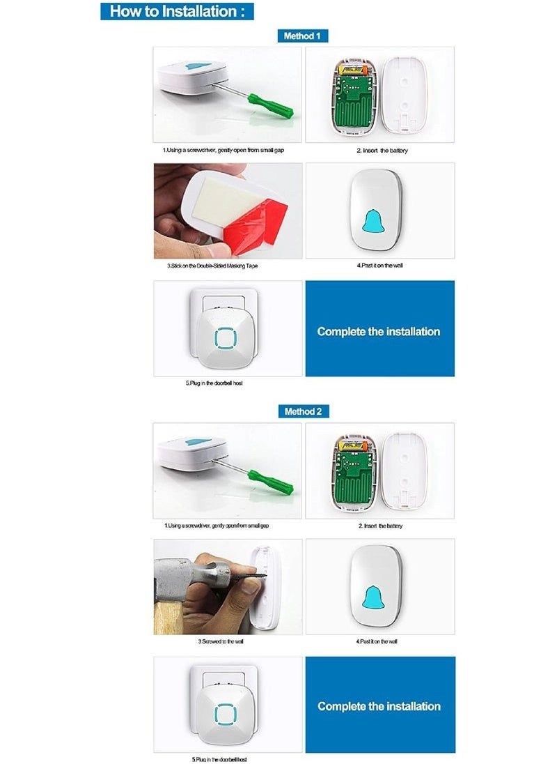 Wireless Doorbell Kit – Waterproof with 36 Chime Tones & 1000ft Range | Adjustable Volume, LED Flash, 1 Receiver + 1 Push Button