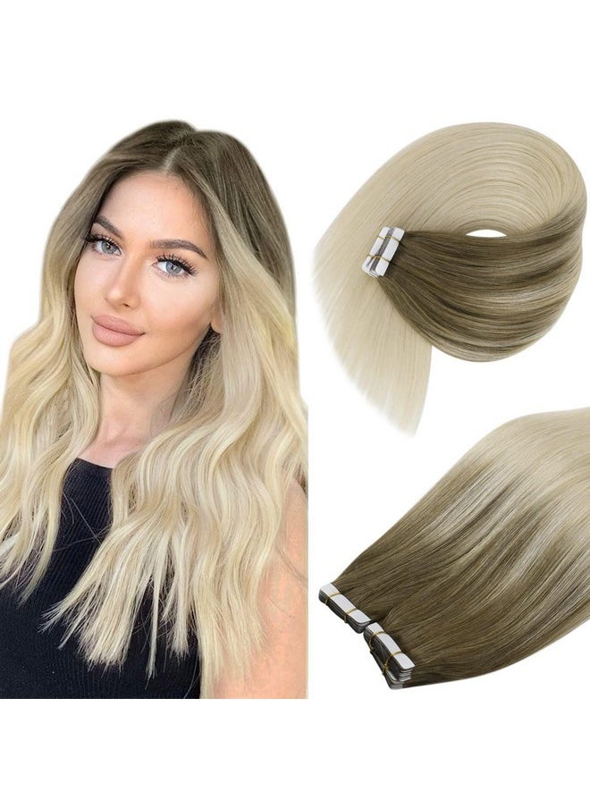Ve Sunny Tape In Hair Extensions Human Hair Ombre Blonde Tape In Natural Hair Extensions Light Brown Ombre Platinum Blonde Hair Extensions Tape Ins Ombre For Women 20Pcs 50G 14Inch  - Image 1