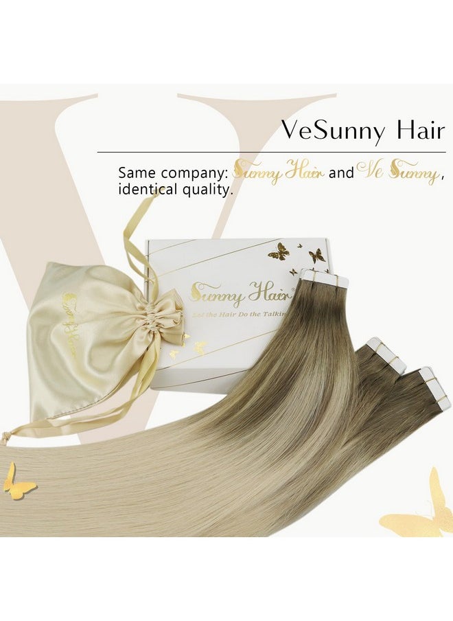 Ve Sunny Tape In Hair Extensions Human Hair Ombre Blonde Tape In Natural Hair Extensions Light Brown Ombre Platinum Blonde Hair Extensions Tape Ins Ombre For Women 20Pcs 50G 14Inch  - Image 2