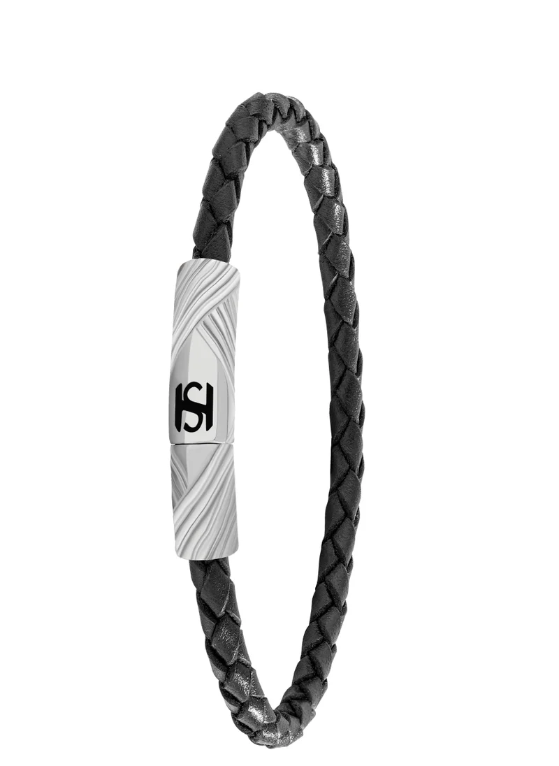 سانت هونور Tour Eiffel Black Leather Bracelet with Silver Logo for Men's