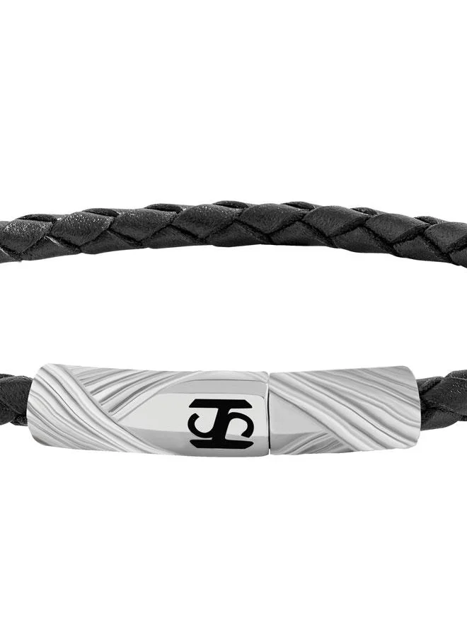 سانت هونور Tour Eiffel Black Leather Bracelet with Silver Logo for Men's