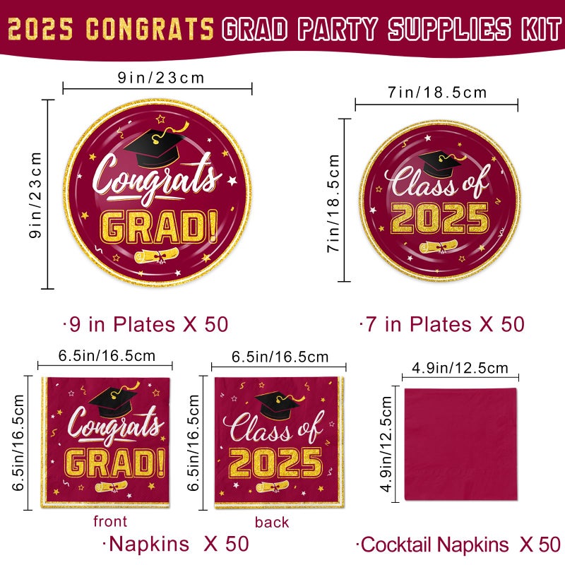 Oigco Graduation Plates and Napkins - Graduation Decorations Class of 2025 - Disposable Paper Plates Cocktail Napkins Luncheon Napkins for Maroon and Gold Graduation Party Decorations  Serve 50 - Image 2