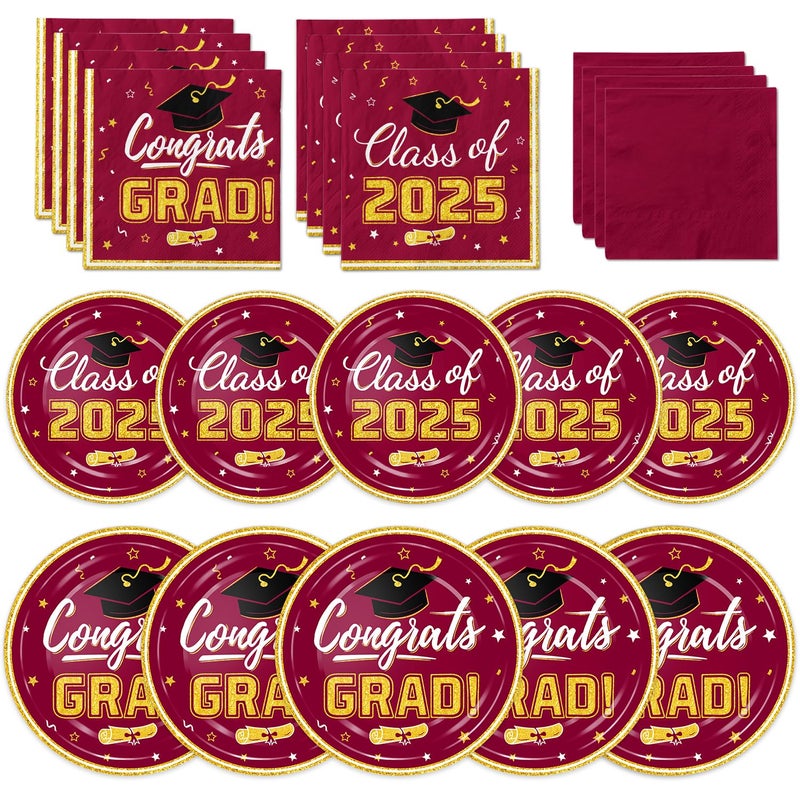 Oigco Graduation Plates and Napkins - Graduation Decorations Class of 2025 - Disposable Paper Plates Cocktail Napkins Luncheon Napkins for Maroon and Gold Graduation Party Decorations  Serve 50 - Image 1