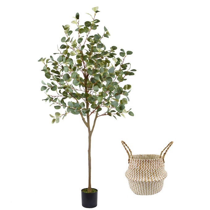 ARTIFICIAL EUCALYPTUS TREE 6FT TALL FAKE EUCALYPTUS PLANT WITH BASKET GREEN SILVER DOLLARS SILK LEAVES FAUX TREE FOR HOME OFFICE LIVINGROOM FLOOR DECOR INDOOR