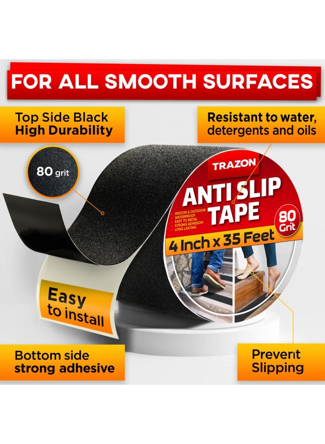 Trazon Grip Tape - Heavy Duty Anti Slip Tape for Stairs Outdoor/Indoor Waterproof 4Inch x 35Ft Safety Non Skid Roll for Stair Steps Ramp Traction Tread Staircases Grips Adhesive Non Slip Strips Walk Black - Image 1