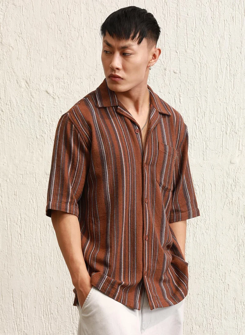 Hubberholme Men's Multicolour 100% Cotton Striped Button Down Oversized Shirt