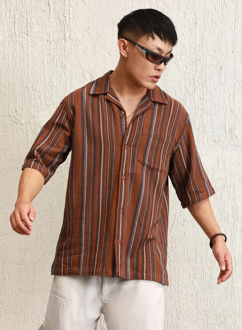 Hubberholme Men's Multicolour 100% Cotton Striped Button Down Oversized Shirt