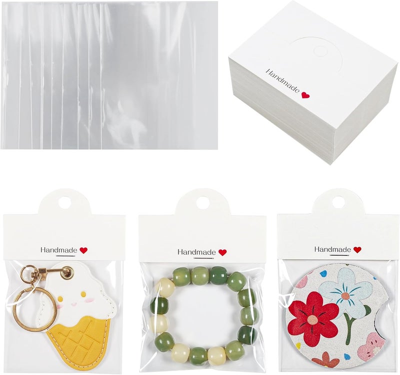 Vcekract 100Pcs Display Cards with Bags for Sublimation Blanks, Car Coaster Packaging for Selling, Sublimation Keychain Blanks Packaging for Businesses, Heat Press Parts & Accessories, 3.14×3.14in - Image 1