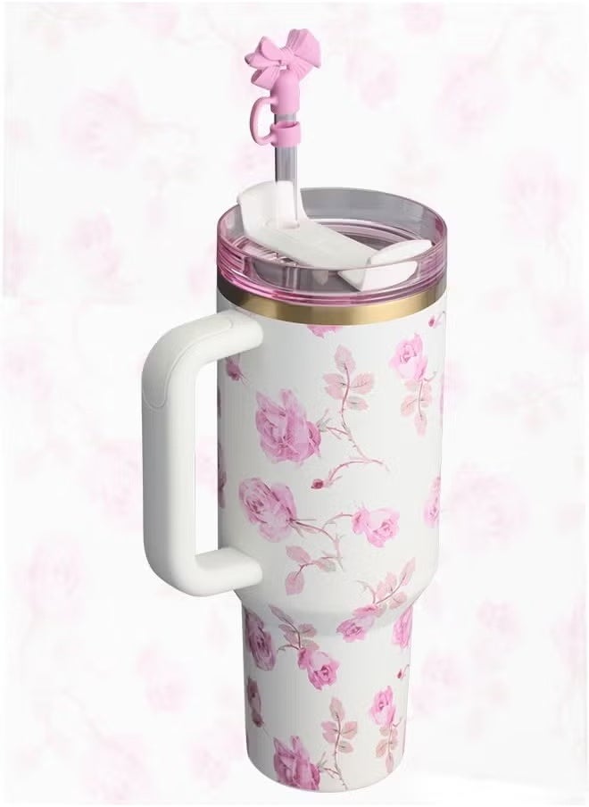 Stanley - Love Shack Fancy H2.0 Flow State 40oz Cortex Tumbler, Stainless Steel Vacuum Insulated Quencher with Lid, Straw, and Stopper, Ideal for Water and Iced Tea, Keeps Drinks Cold, Presented in Elegant Gift-Ready Packaging PINK - Image 1