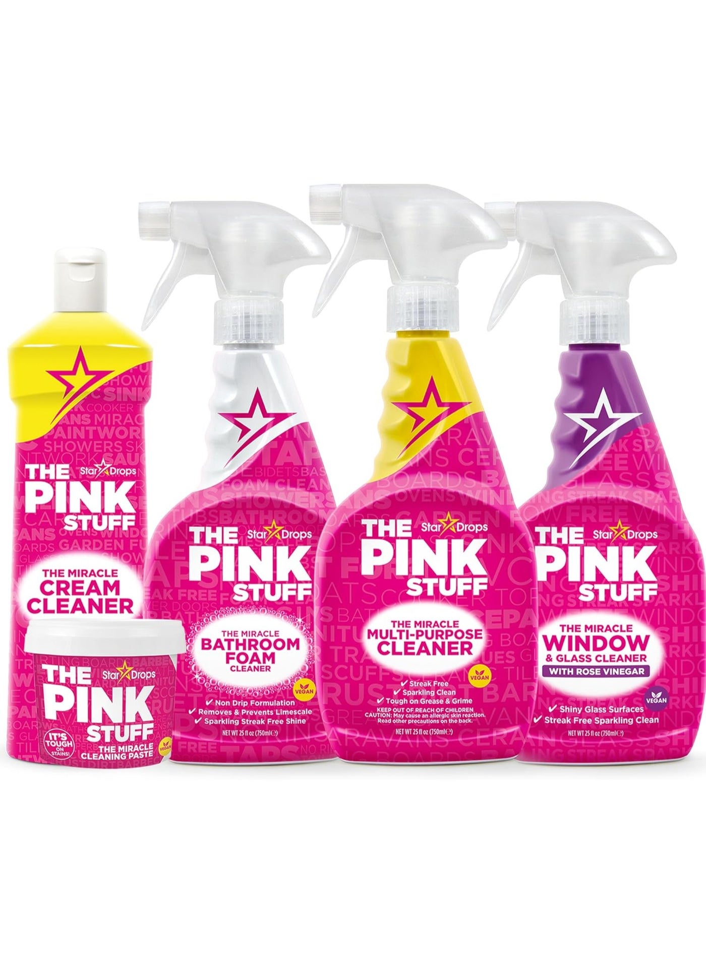 THE PINK STUFF Stardrops The Pink Stuff Miracle Cleaning Bundle – 5-Piece Pack: Paste, Multi-Purpose Spray, Bathroom Foam, Window & Glass Cleaner, and Cream Cleaner