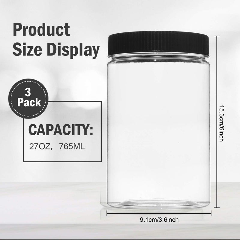 Vumdua 27 Ounce Plastic Jars with Lids, 3 Pack Food Storage Containers Airtight, Clear Containers for Organizing - Image 2