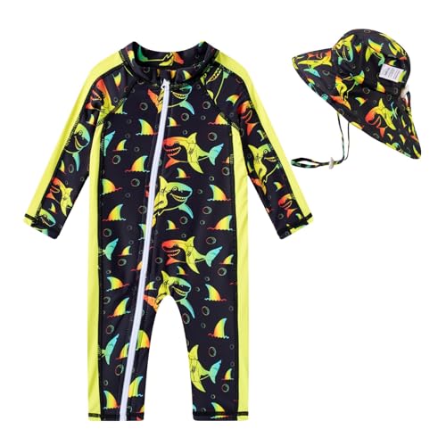 Funnycokid Baby Boy Swimsuit 3-6 Month Shark Infant Bathing Suit One Piece Rash Guard Zipper Swim Suit with Hat Long Sleeve UPF 50+ - Image 1