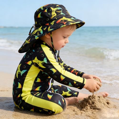 Funnycokid Baby Boy Swimsuit 3-6 Month Shark Infant Bathing Suit One Piece Rash Guard Zipper Swim Suit with Hat Long Sleeve UPF 50+ - Image 2