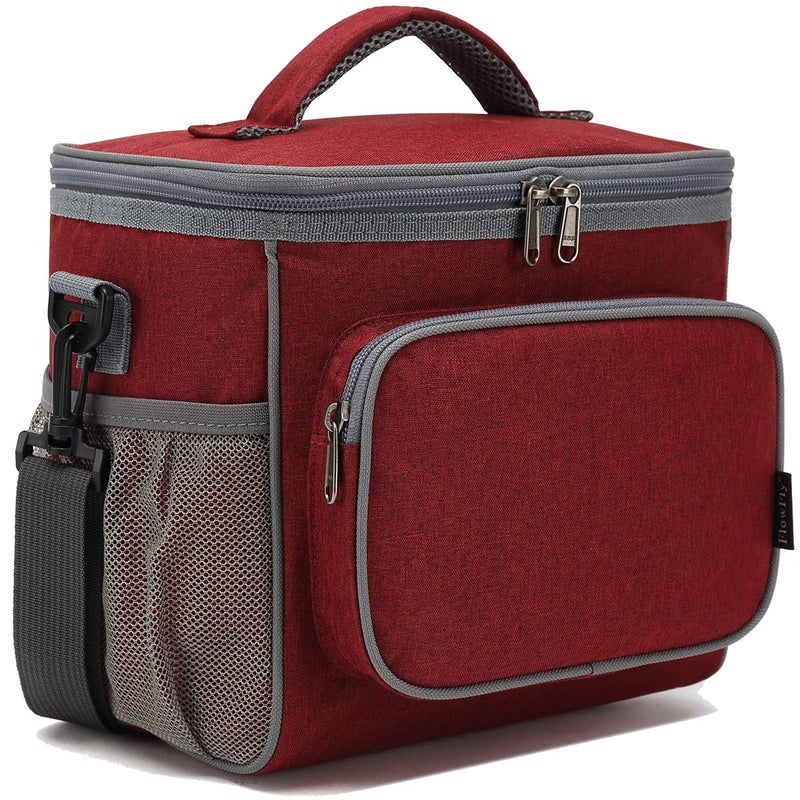 FlowFly Insulated Reusable Lunch Bag Adult Large Lunch Box for Women and Men with Adjustable Shoulder StrapFront Zipper Pocket and Dual Large Mesh Side PocketsRed