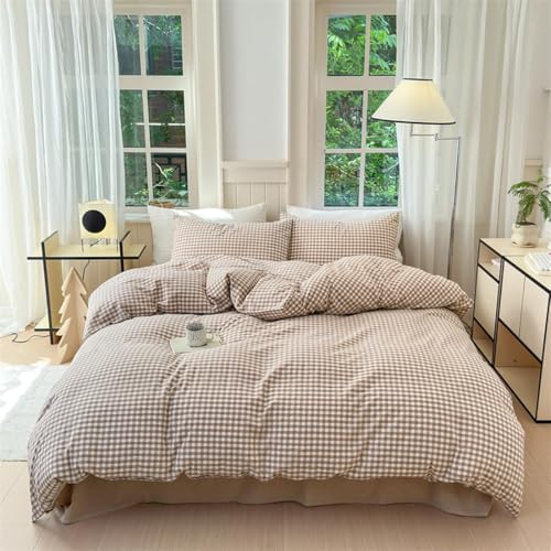 Nayoroom Brown Gingham Duvet Cover King Size Tan White Plaid Checkered Duvet Cover 3 Pieces Grid Dorm Bedding Set with 2 Pillowcases, Soft Breathable Washed Microfiber - Image 1