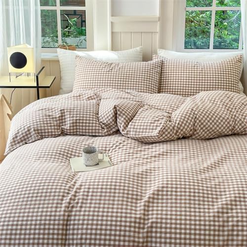 Nayoroom Brown Gingham Duvet Cover King Size Tan White Plaid Checkered Duvet Cover 3 Pieces Grid Dorm Bedding Set with 2 Pillowcases, Soft Breathable Washed Microfiber - Image 3