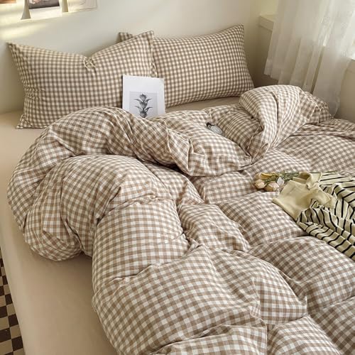 Nayoroom Brown Gingham Duvet Cover King Size Tan White Plaid Checkered Duvet Cover 3 Pieces Grid Dorm Bedding Set with 2 Pillowcases, Soft Breathable Washed Microfiber - Image 5