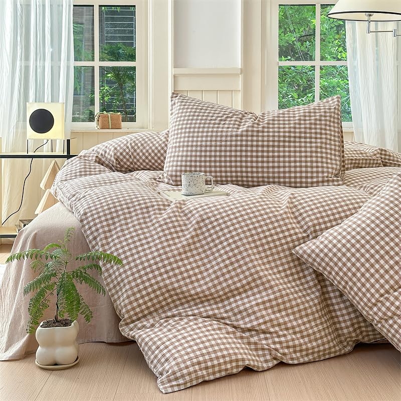 Nayoroom Brown Gingham Duvet Cover King Size Tan White Plaid Checkered Duvet Cover 3 Pieces Grid Dorm Bedding Set with 2 Pillowcases, Soft Breathable Washed Microfiber - Image 4