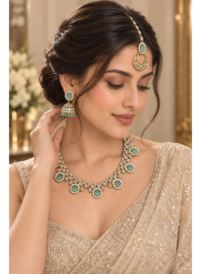 Lehar Mint Green Kundan Necklace Set with Jhumka Earrings & Maang Tikka - Indian Bridal Jewelry