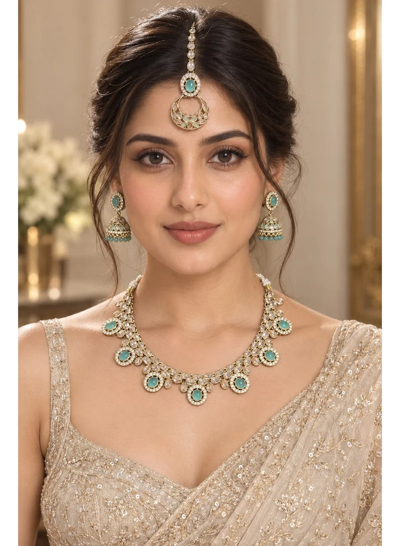 Lehar Mint Green Kundan Necklace Set with Jhumka Earrings & Maang Tikka - Indian Bridal Jewelry