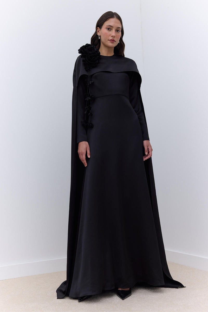 Manuka Cape Flower Detail Evening Dress Black  - Image 2