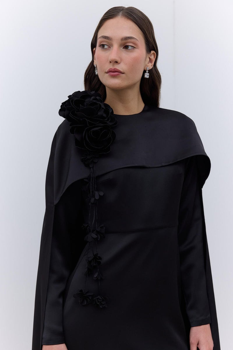 Manuka Cape Flower Detail Evening Dress Black  - Image 3