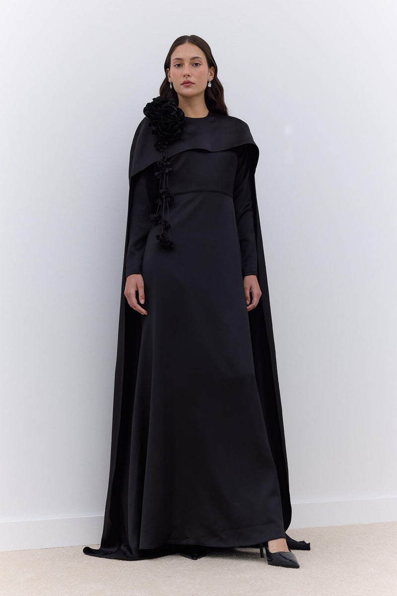 Manuka Cape Flower Detail Evening Dress Black  - Image 1