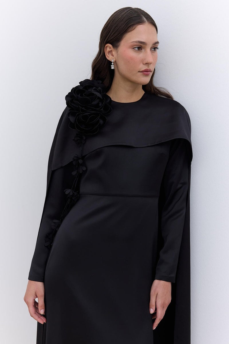 Manuka Cape Flower Detail Evening Dress Black  - Image 4
