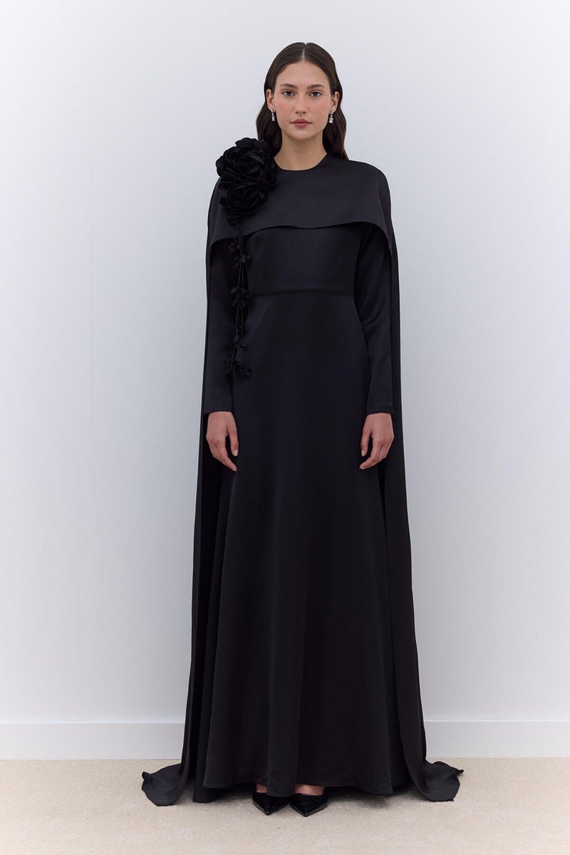 Manuka Cape Flower Detail Evening Dress Black  - Image 5