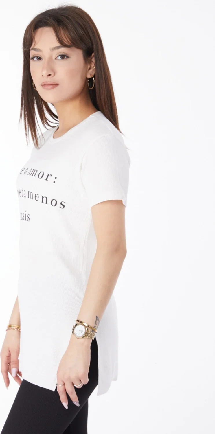 Tofisa Plain Crew Neck Women's White Printed Slit T-Shirt - 24792