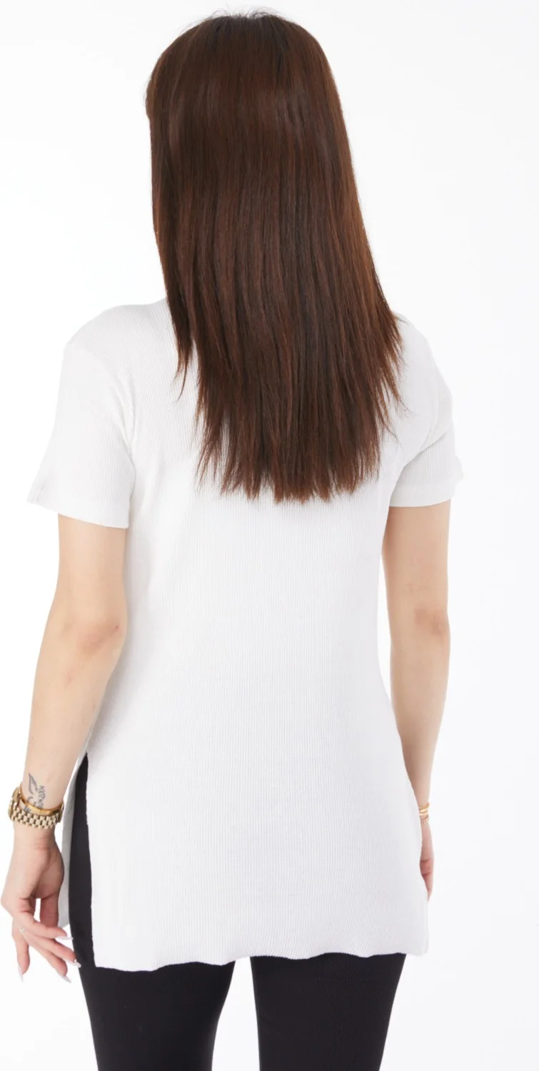Tofisa Plain Crew Neck Women's White Printed Slit T-Shirt - 24792