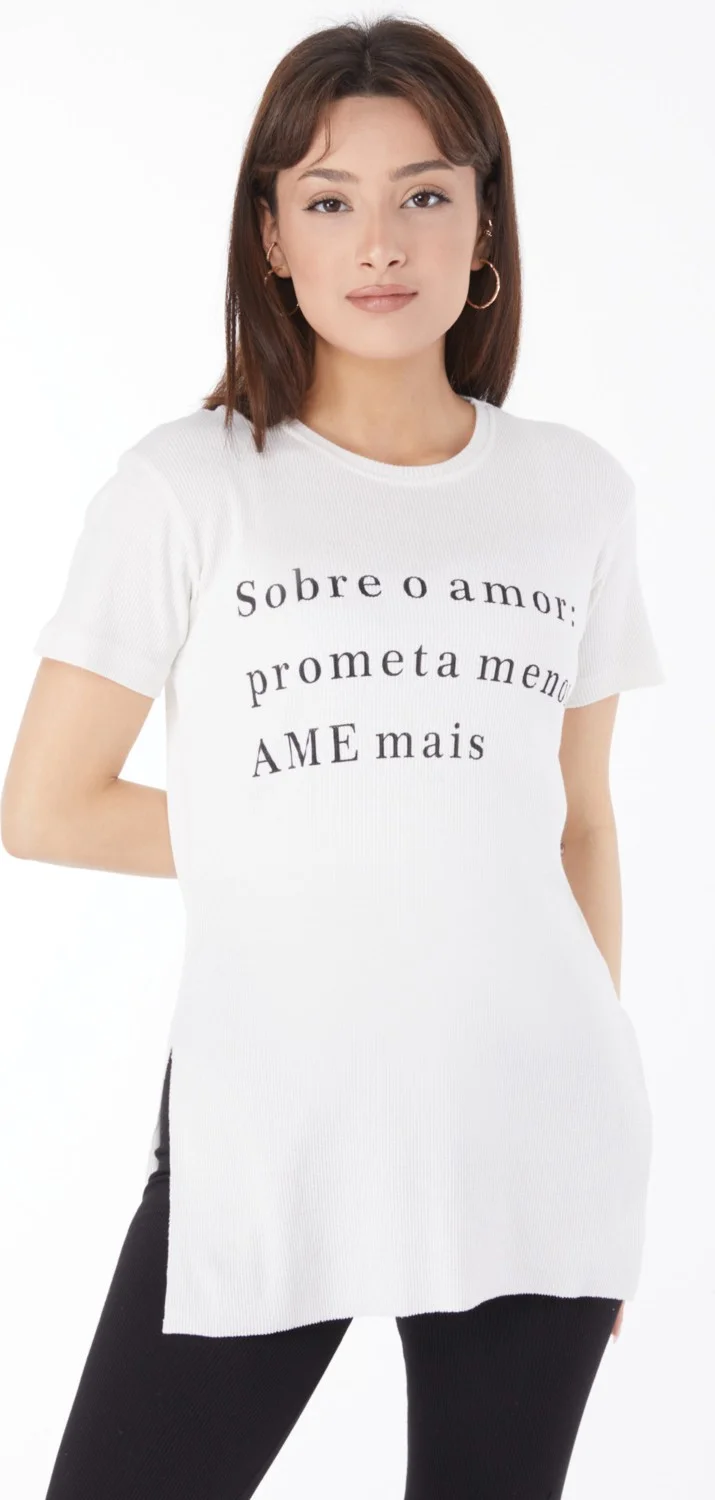 Tofisa Plain Crew Neck Women's White Printed Slit T-Shirt - 24792