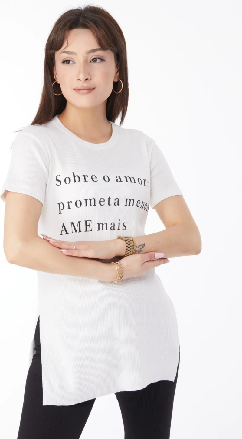 Tofisa Plain Crew Neck Women's White Printed Slit T-Shirt - 24792