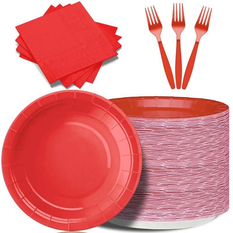 CENLBJ Red Paper Plates and Napkins Include 7inch Red Dessert Plates,Napkins,Plastic Forks, Disposable Red Party Supplies for Valentines Day,Birthday Party, Wedding, Family, Picnic for 50 Guests - Image 1