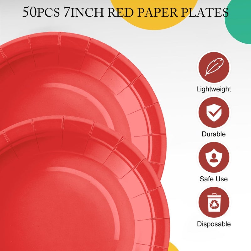 CENLBJ Red Paper Plates and Napkins Include 7inch Red Dessert Plates,Napkins,Plastic Forks, Disposable Red Party Supplies for Valentines Day,Birthday Party, Wedding, Family, Picnic for 50 Guests - Image 4