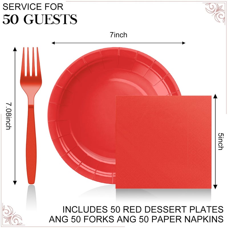 CENLBJ Red Paper Plates and Napkins Include 7inch Red Dessert Plates,Napkins,Plastic Forks, Disposable Red Party Supplies for Valentines Day,Birthday Party, Wedding, Family, Picnic for 50 Guests - Image 2
