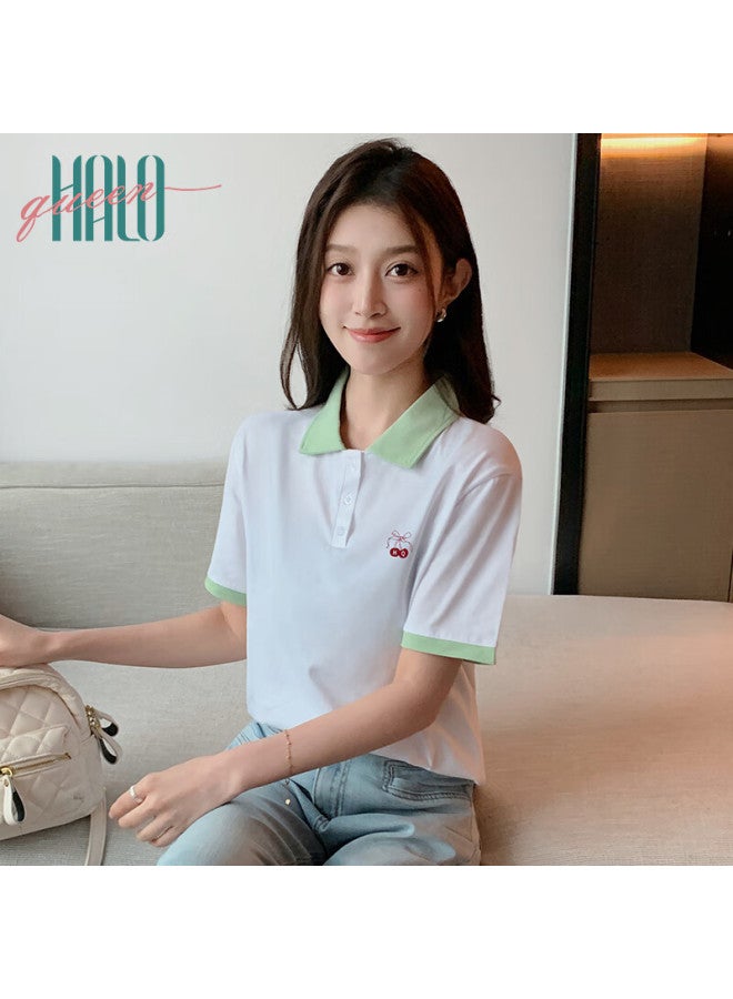 HALOQUEEN Halo Queen Women's Short Sleeve Slim Fit Polo Collar Casual Sports T-shirt Cherry Embroidery H142t1004 - Image 4