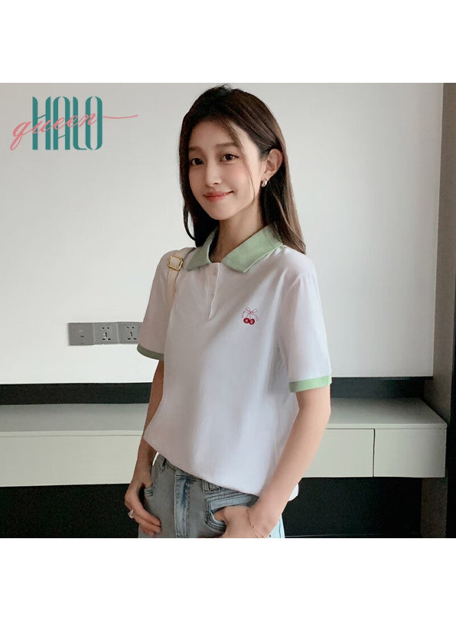 HALOQUEEN Halo Queen Women's Short Sleeve Slim Fit Polo Collar Casual Sports T-shirt Cherry Embroidery H142t1004 - Image 5