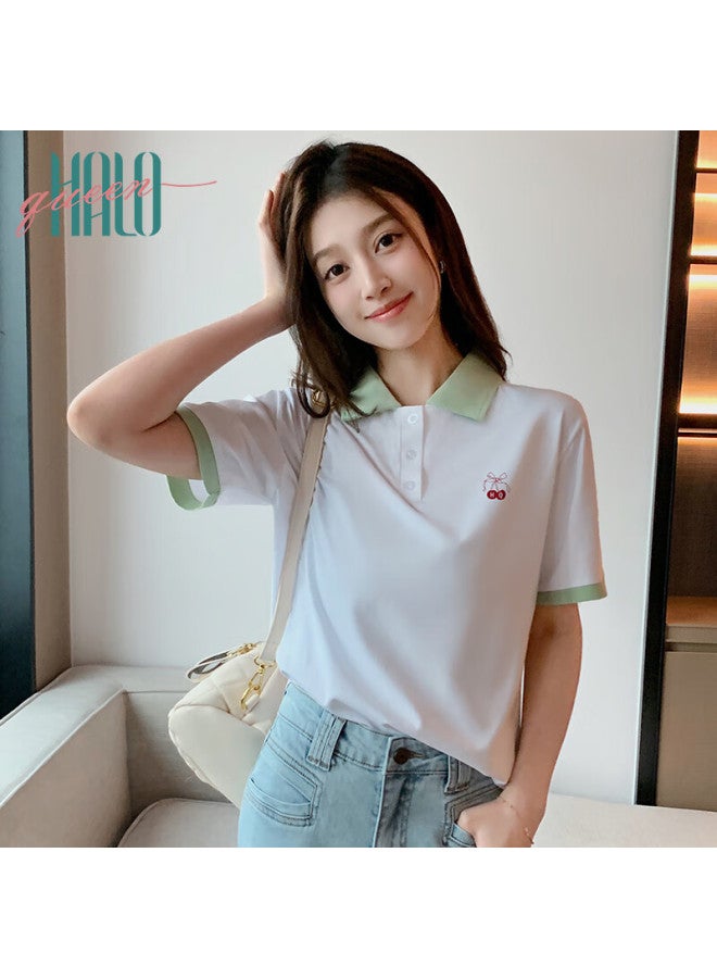 HALOQUEEN Halo Queen Women's Short Sleeve Slim Fit Polo Collar Casual Sports T-shirt Cherry Embroidery H142t1004 - Image 2