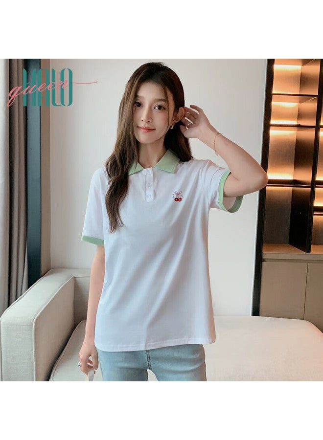 HALOQUEEN Halo Queen Women's Short Sleeve Slim Fit Polo Collar Casual Sports T-shirt Cherry Embroidery H142t1004 - Image 1