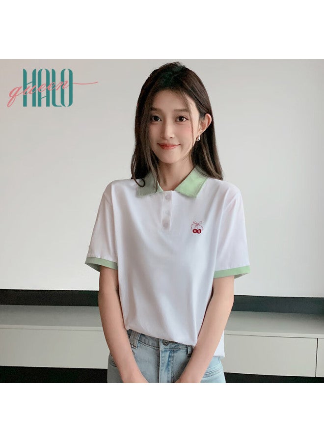 HALOQUEEN Halo Queen Women's Short Sleeve Slim Fit Polo Collar Casual Sports T-shirt Cherry Embroidery H142t1004 - Image 3