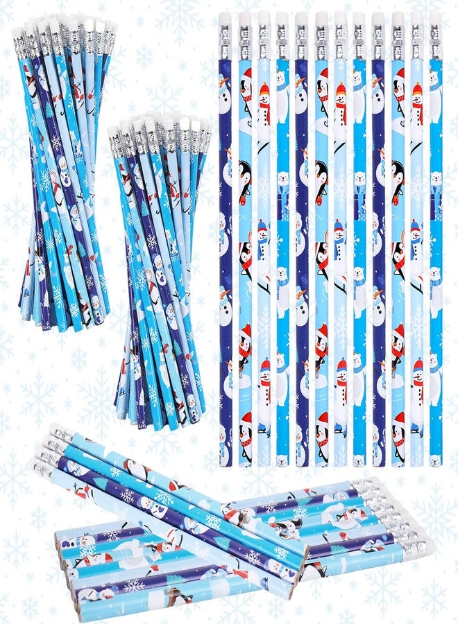 Whaline 100Pcs Winter Polar Animal Pencils with Erasers Writing Pencil Blue Snowman Snowflake Penguin Polar Bear Wood Pencil for Xmas Winter Stationery Party Favors - Image 1
