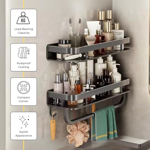 Home Essentials HomeEssentials Wall-Mounted Metal Towel Rack | Multipurpose Bathroom Organizer with 5 Hooks & Shampoo Holder | Durable, Space-Saving Shelf for Towels, Toiletries & Accessories - Image 5
