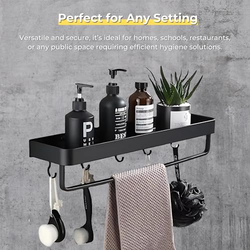 Home Essentials HomeEssentials Wall-Mounted Metal Towel Rack | Multipurpose Bathroom Organizer with 5 Hooks & Shampoo Holder | Durable, Space-Saving Shelf for Towels, Toiletries & Accessories - Image 3
