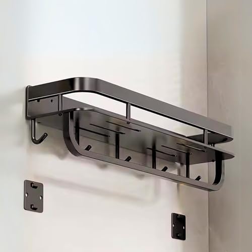 Home Essentials HomeEssentials Wall-Mounted Metal Towel Rack | Multipurpose Bathroom Organizer with 5 Hooks & Shampoo Holder | Durable, Space-Saving Shelf for Towels, Toiletries & Accessories - Image 1