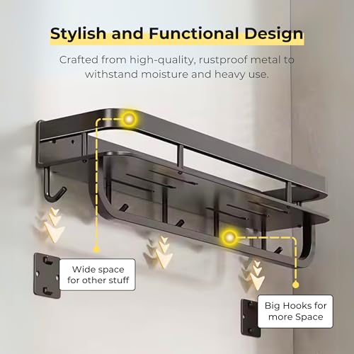 Home Essentials HomeEssentials Wall-Mounted Metal Towel Rack | Multipurpose Bathroom Organizer with 5 Hooks & Shampoo Holder | Durable, Space-Saving Shelf for Towels, Toiletries & Accessories - Image 2
