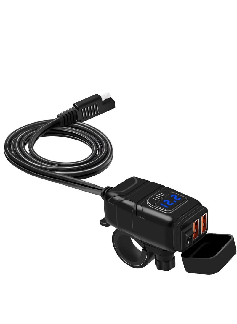SYOSI شاحن دراجة نارية SAE إلى محول USB للسيارة ثنائي سريع وفولتميتر 12 فولت مع مفتاح تشغيل/إيقاف تشغيل مستقل ومجموعة شحن فيوز 10 أمبير للهاتف GPS والكمبيوتر اللوحي  - Image 1