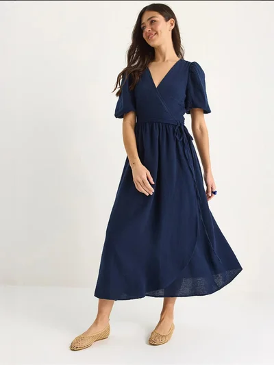Bianco Lucci LUCCI Textured V-neck Midi Dress with Wrap Closure