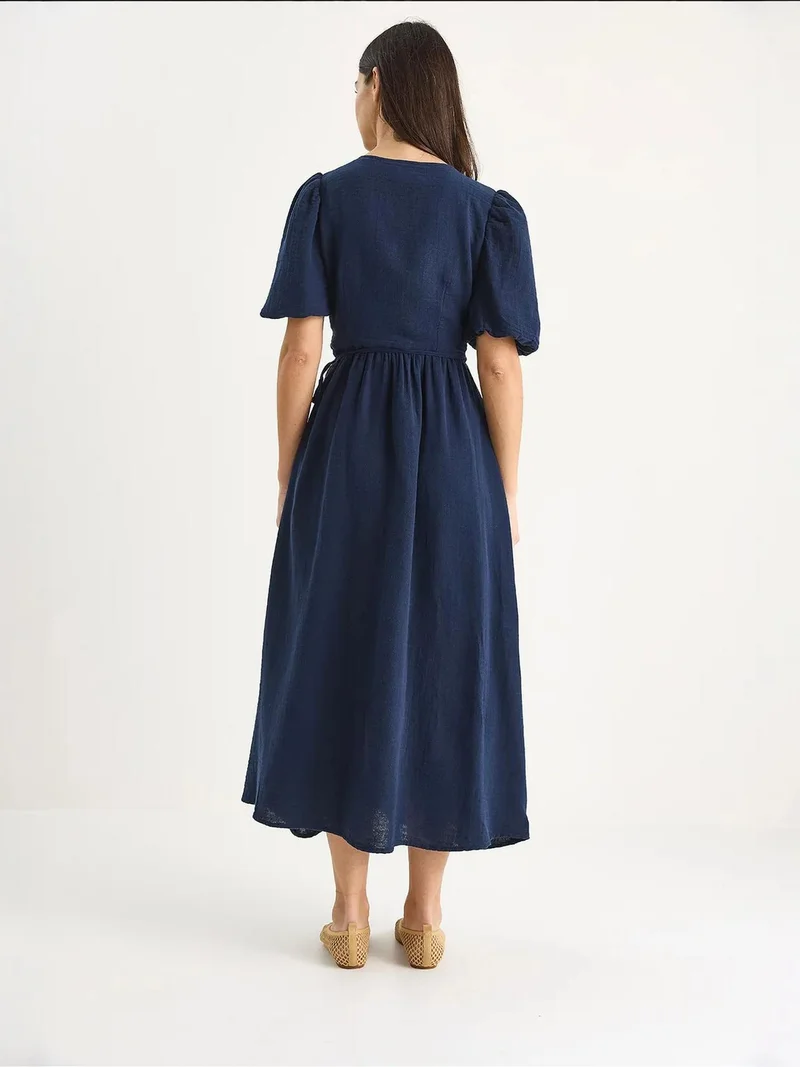 Bianco Lucci LUCCI Textured V-neck Midi Dress with Wrap Closure