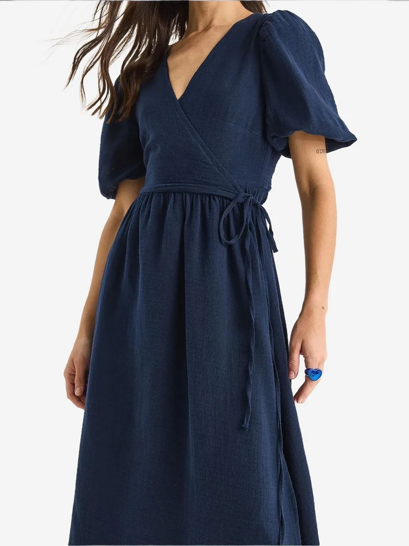 Bianco Lucci LUCCI Textured V-neck Midi Dress with Wrap Closure